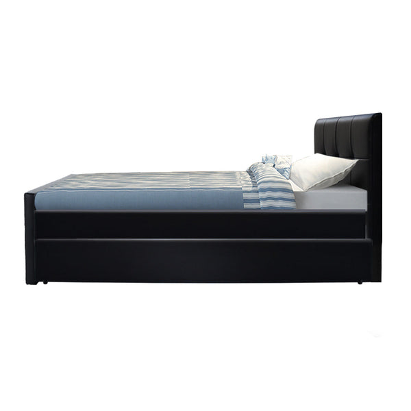Artiss Trundle Bed Frame King Single Size Black Leather King Single Bed Frames