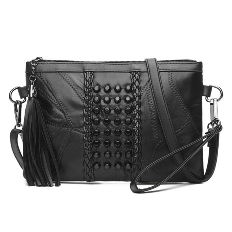 Black Punk Rivets Braided Crossbody Purse With Tassel Zipper Bags