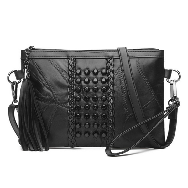 Black Punk Rivets Braided Crossbody Purse With Tassel Zipper Bags