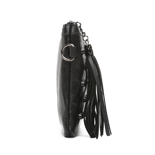 Black Punk Rivets Braided Crossbody Purse With Tassel Zipper Bags