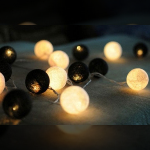 1 Set Of 20 Led Black White 5Cm Cotton Ball Battery Powered String Lights Xmas Gift Home Wedding Party Bedroom Decoration Outdoor Indoor Table Centrepiece