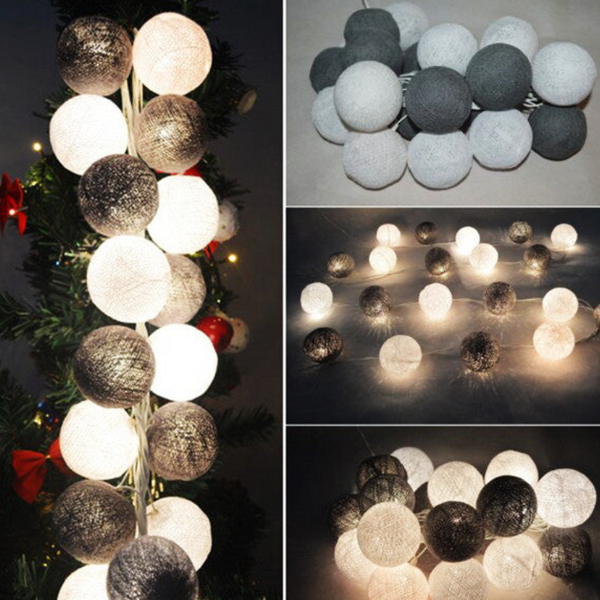 1 Set Of 20 Led Black White 5Cm Cotton Ball Battery Powered String Lights Xmas Gift Home Wedding Party Bedroom Decoration Outdoor Indoor Table Centrepiece