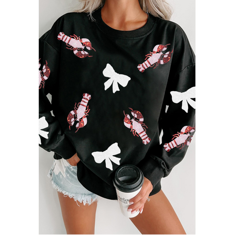 Black Crawfish Bow Sequin Patched Graphic Sweatshirt Xl Hoodies & Sweatshirts