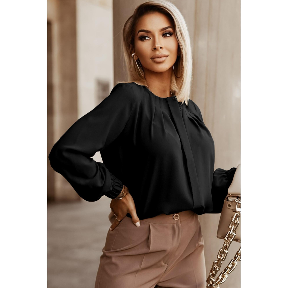 Black Crew Neck Gathered Stretch Cuff Shirt Xs Tops