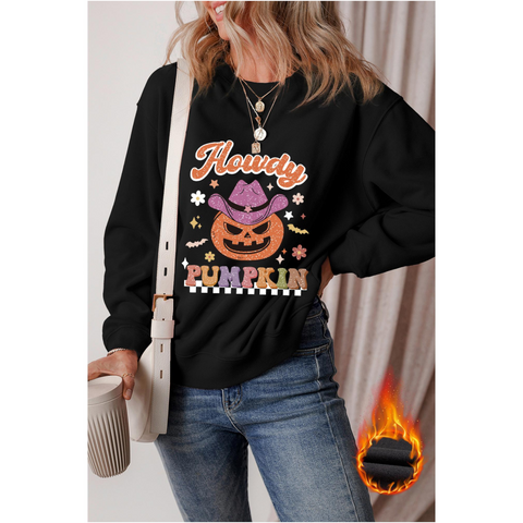 Black Halloween Howdy Pumpkin Print Crew Neck Pullover Sweatshirt L Hoodies & Sweatshirts