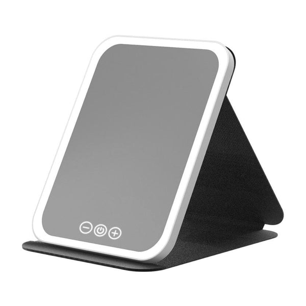 Black Large Foldable Led Makeup Mirror Portable Desktop Vanity With 3 Color Lights Stepless Dimming & Adjustable Stand Makeup Mirrors