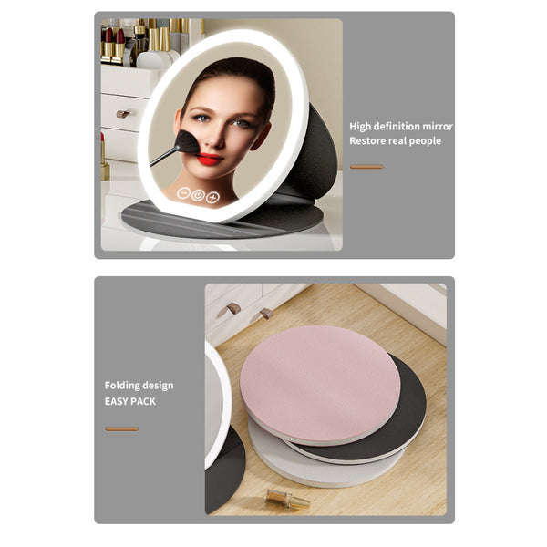 Black Large Round Foldable Led Makeup Mirror 22Cm Desktop Vanity With 3 Color Lights & Stepless Dimming Makeup Mirrors