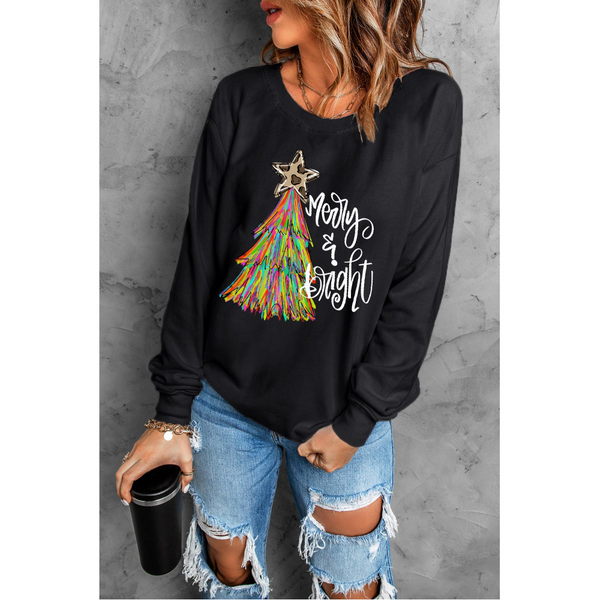 Black Merry & Bright Christmas Tree Graphic Sweatshirt Hoodies & Sweatshirts