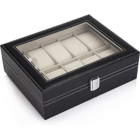 Black Pu Leather Watch Organizer Display Storage Box Cases For Men & Women (10 Slots)