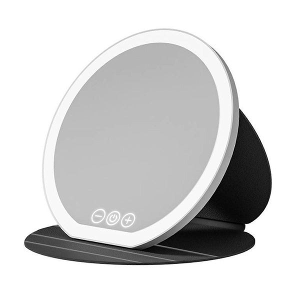Black Small Round Foldable Led Makeup Mirror 18.5Cm Desktop Vanity With 3 Color Lights & Stepless Dimming Makeup Mirrors