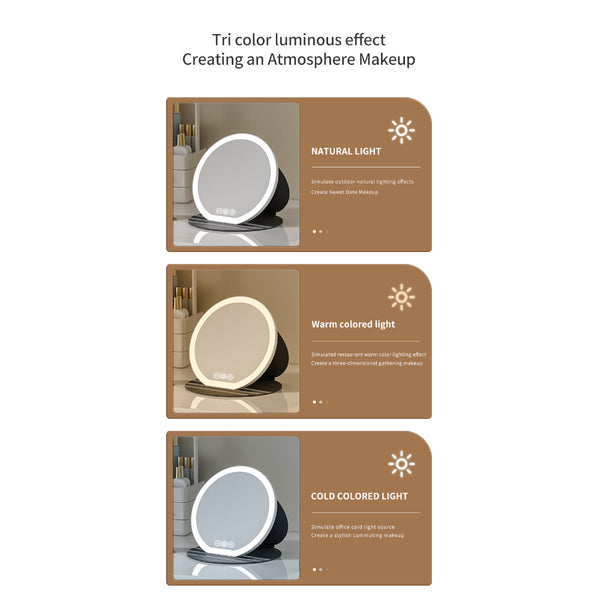 Black Small Round Foldable Led Makeup Mirror 18.5Cm Desktop Vanity With 3 Color Lights & Stepless Dimming Makeup Mirrors