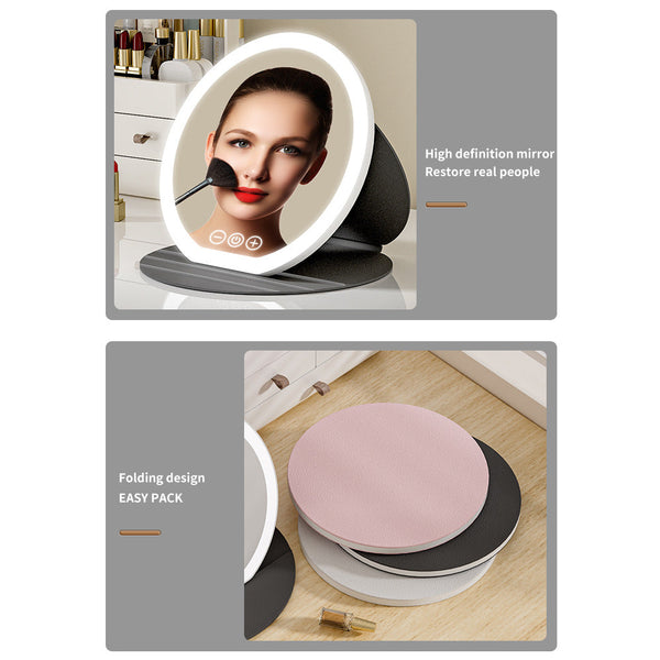 Black Small Round Foldable Led Makeup Mirror 18.5Cm Desktop Vanity With 3 Color Lights & Stepless Dimming Makeup Mirrors