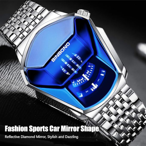 Black Steel Belt Men Watch With Live Technology White Blue Face Watches
