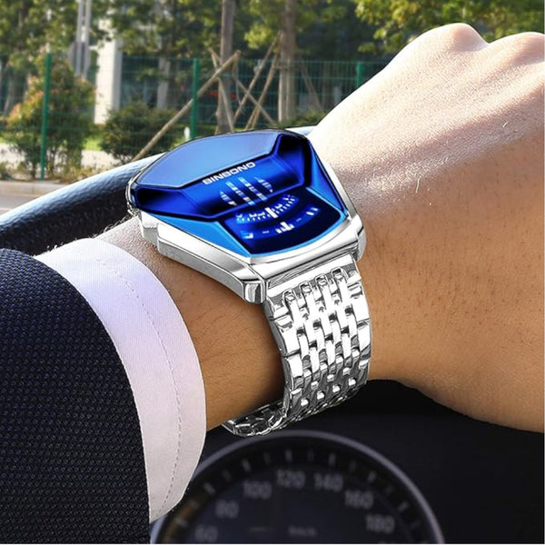 Black Steel Belt Men Watch With Live Technology White Blue Face Watches