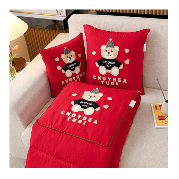 Red Cap Bear 2 In 1 Foldable Pillow Blanket Cozy 40X40cm Unfolds To 100X150cm For Travel And Office Naps Pillows