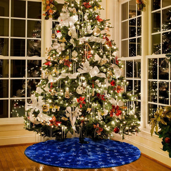 Blue Christmas Plush Tree Skirt With Silver Sequin Snowflake Xmas Decorations Seasonal Decorations