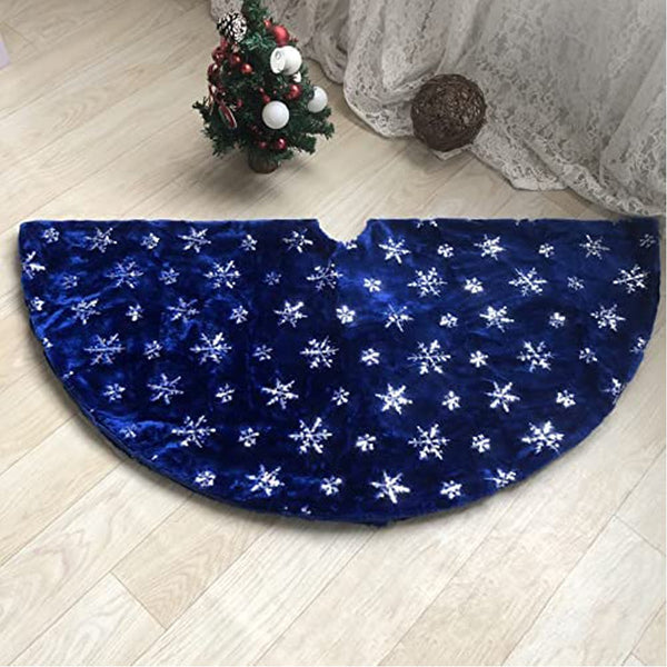 Blue Christmas Plush Tree Skirt With Silver Sequin Snowflake Xmas Decorations