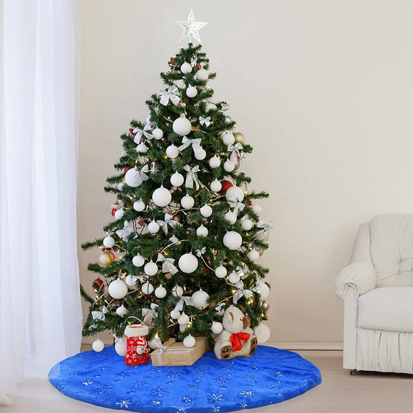 Blue Christmas Plush Tree Skirt With Silver Sequin Snowflake Xmas Decorations Seasonal Decorations