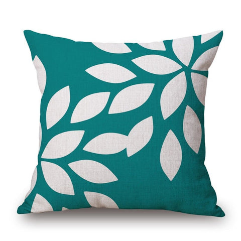 Blue-Green Canvas With White Leaf Cotton Linen Pillow Cover