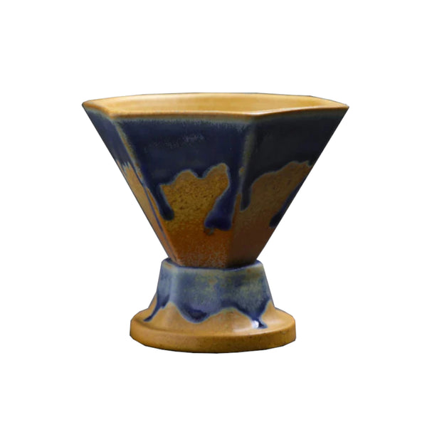 Blue And Gold Artistic Hexagonal Ceramic Coffee Cup & Stand Set 180Ml Nordic Design Drip Glaze Mug Cups & Saucers