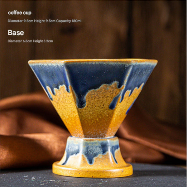 Blue And Gold Artistic Hexagonal Ceramic Coffee Cup & Stand Set 180Ml Nordic Design Drip Glaze Mug Cups & Saucers