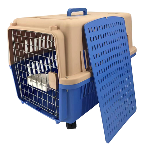 Blue Large Dog Puppy Cat Crate Pet Carrier Cage With Tray, Bowl & Wheel