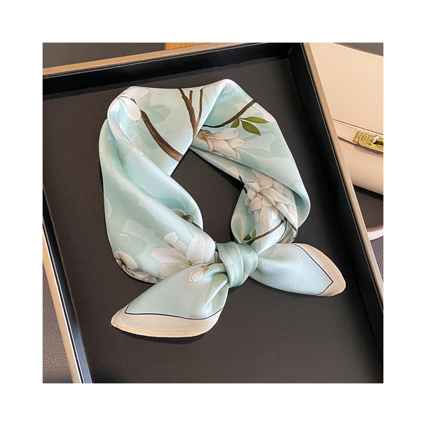 Blue Pure Silk Scarf Elegant Flower Design Square Handkerchief (Style 8) Scarves & Wraps