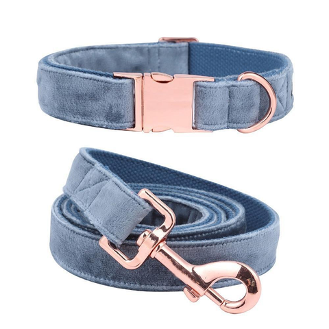 Blue Velvet Soft Dog Collar Leash Set Leads & Head Collars