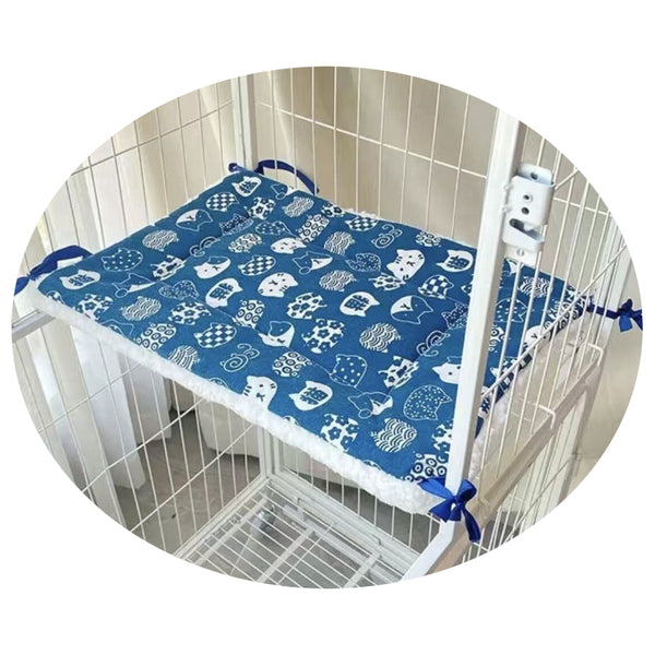 Tie On Cat Cage Platform Pad White Cat Pattern On Blue Background (30X75cm) Pet Beds