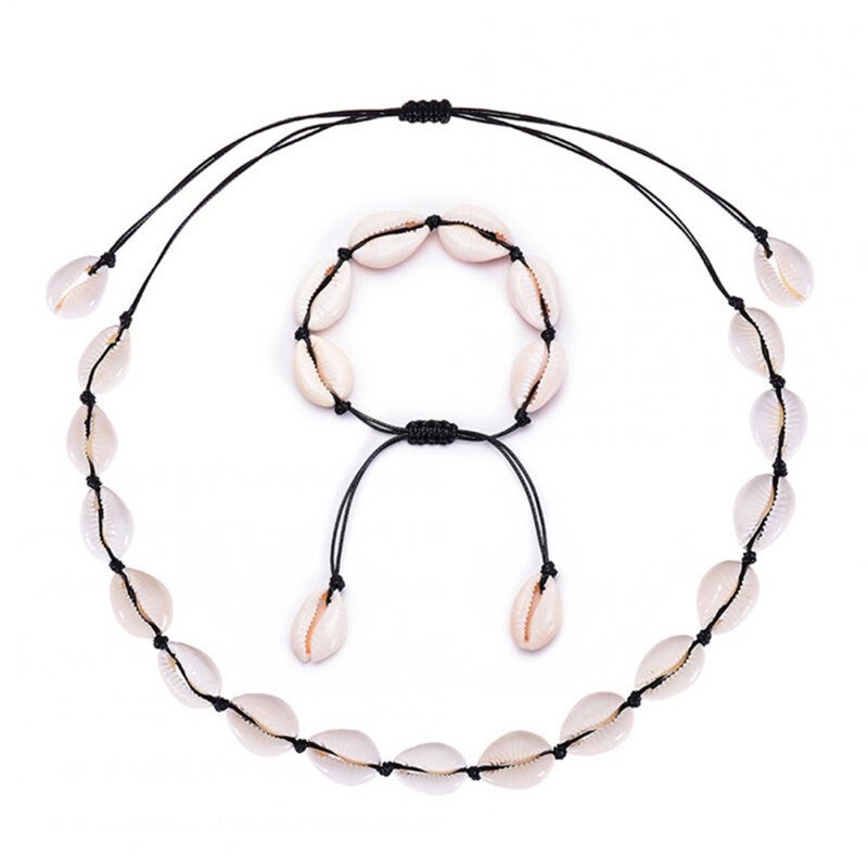 Veile Studios Bohemian Style Handmade Woven Boho Natural Shell Necklace Bracelet Set Jewellery Sets