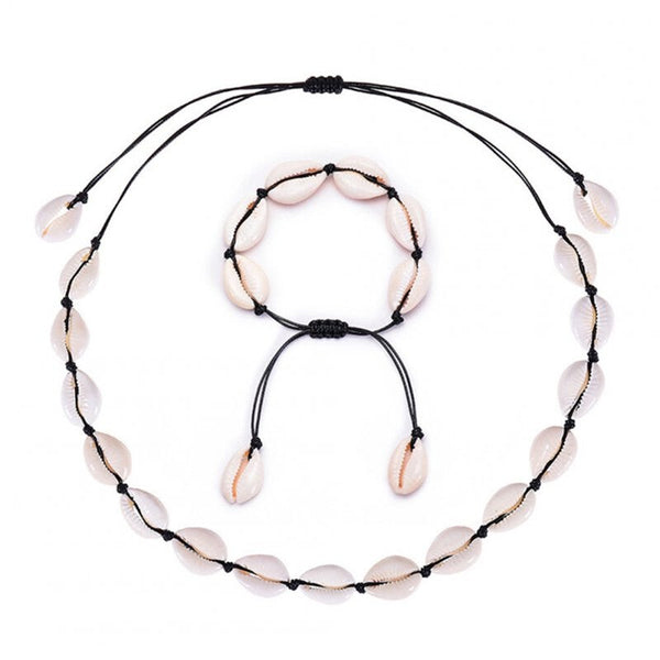 Veile Studios Bohemian Style Handmade Woven Boho Natural Shell Necklace Bracelet Set Jewellery Sets
