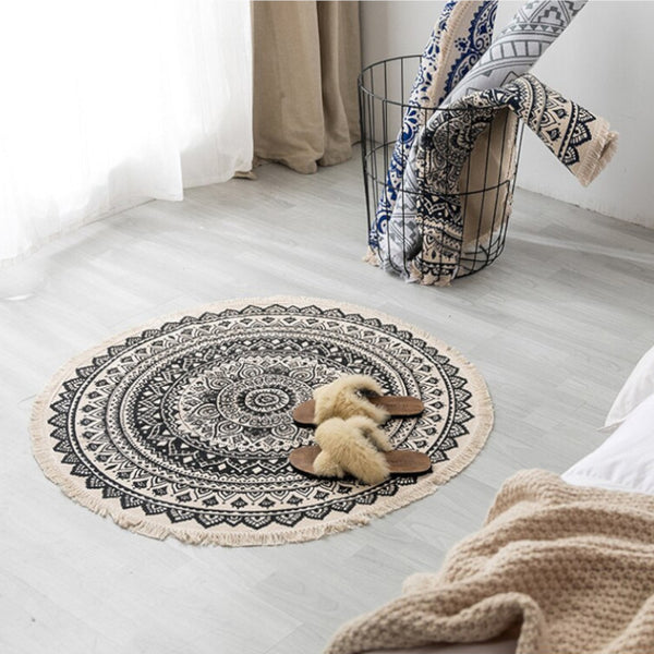 92 X 92Cm Retro Bohemian Carpet Hand Woven Cotton Linen Rug Bedside Geometric Floor Mat Living Room Bedroom Home Decor