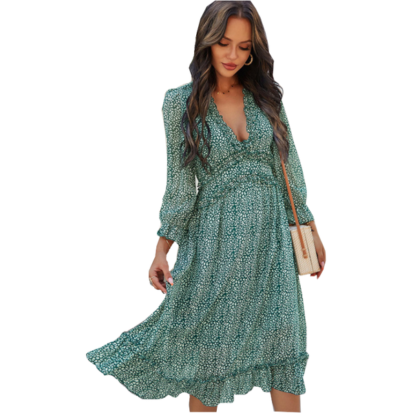 Boho All Over Print Frill Trim Women's Summer Long Sleeve V Neck Dress Dresses