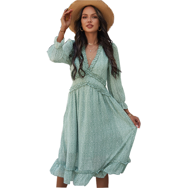 Boho All Over Print Frill Trim Women's Summer Long Sleeve V Neck Dress Dresses