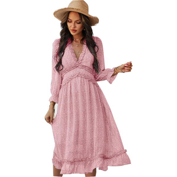 Boho All Over Print Frill Trim Women's Summer Long Sleeve V Neck Dress Dresses