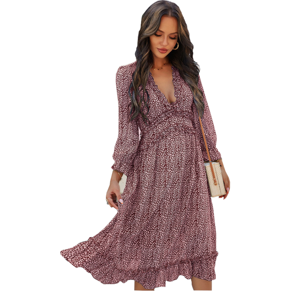 Boho All Over Print Frill Trim Women's Summer Long Sleeve V Neck Dress Dresses