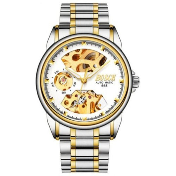 Veile Studios Men Hollow Out Gold Plated Waterproof Mechanical White Watches