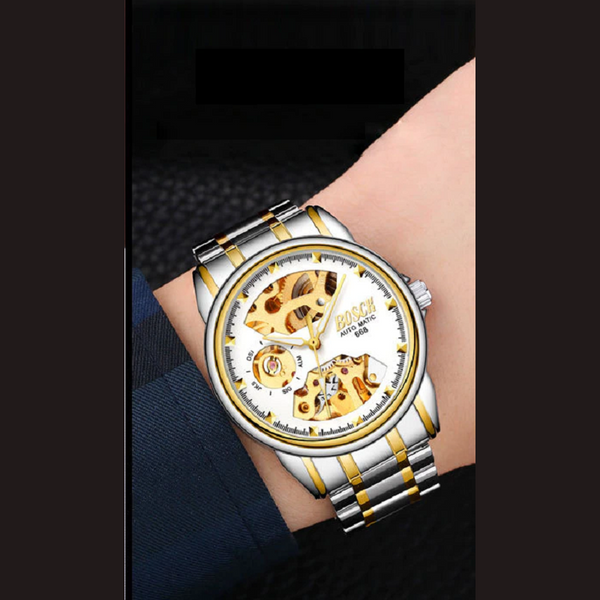 Veile Studios Men Hollow Out Gold Plated Waterproof Mechanical White Watches