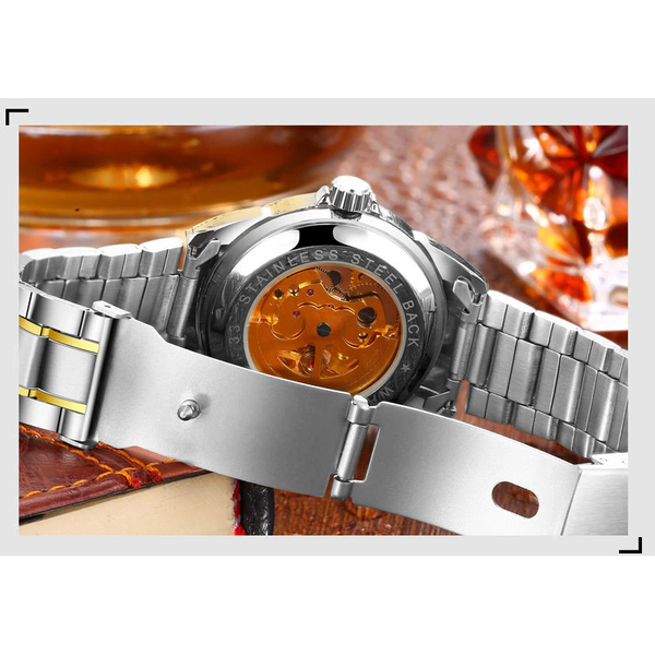 Veile Studios Men Hollow Out Gold Plated Waterproof Mechanical White Watches
