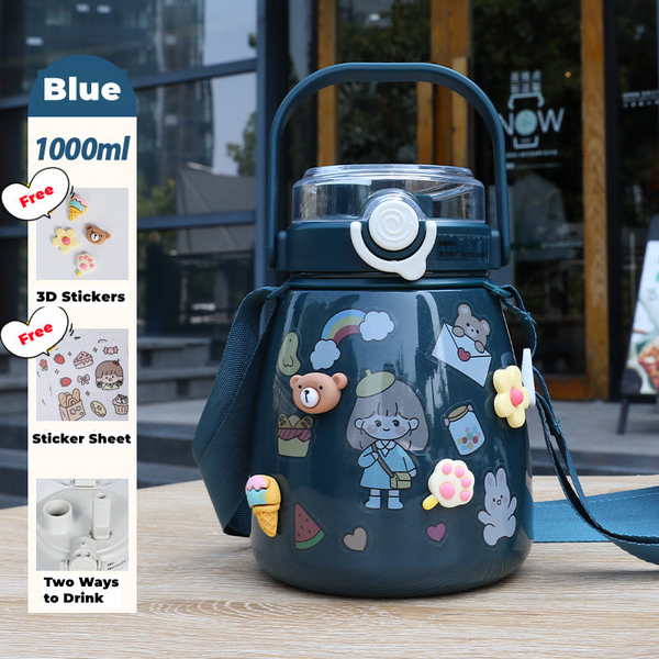 1000Ml Large Water Bottle Stainless Steel Straw Jug With Free Sticker Packs (Blue)