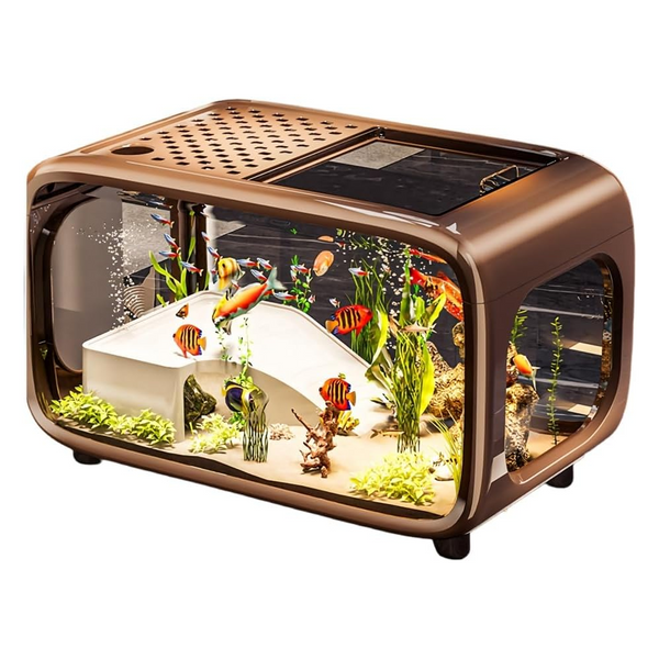 Brownmodern Desktop Aquarium & Turtle Tank Panoramic Viewing Fish Tank With Basking Platform & Lid Aquariums