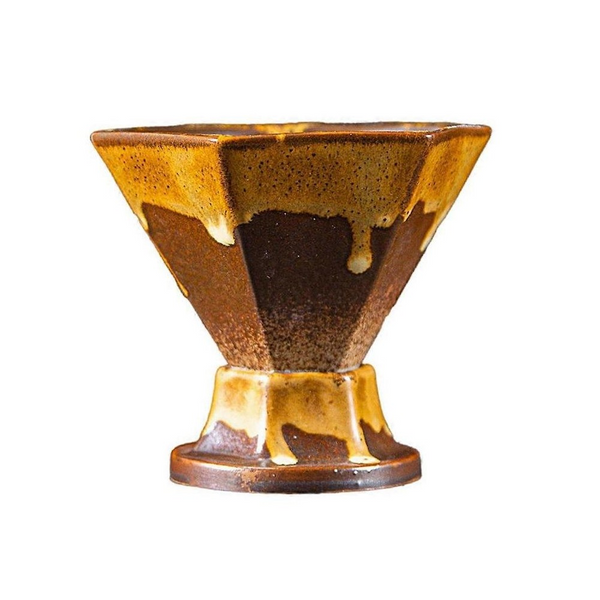 Brown And Gold Artistic Hexagonal Ceramic Coffee Cup & Stand Set 180Ml Nordic Design Drip Glaze Mug Cups & Saucers