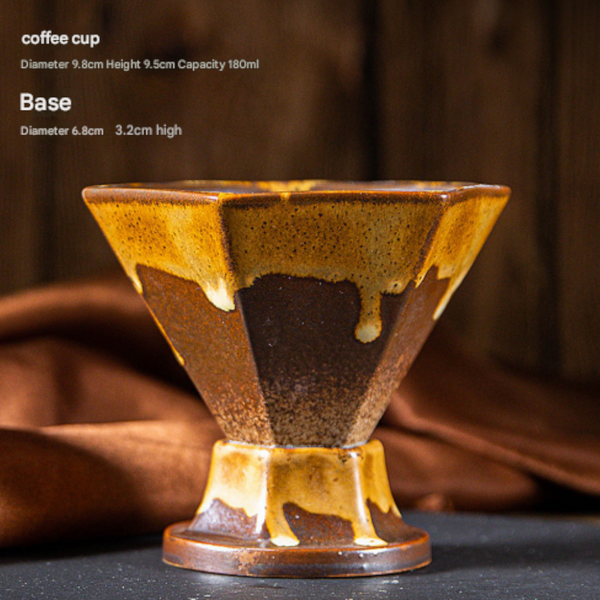 Brown And Gold Artistic Hexagonal Ceramic Coffee Cup & Stand Set 180Ml Nordic Design Drip Glaze Mug Cups & Saucers