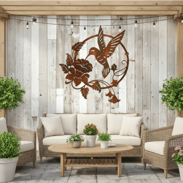 Brown Set Of 2 Round Metal Hummingbird & Flower Sculpture For Indoor Outdoor Decor Wall Art