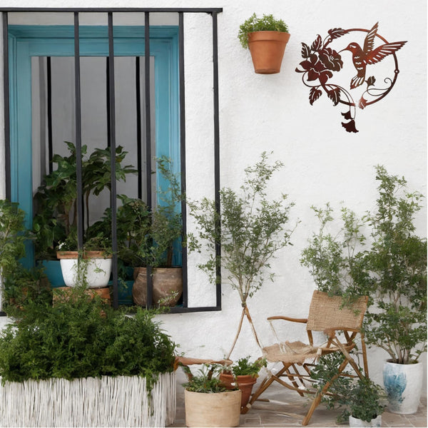 Brown Set Of 2 Round Metal Hummingbird & Flower Sculpture For Indoor Outdoor Decor Wall Art