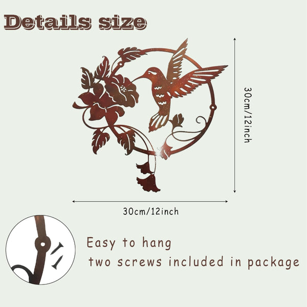 Brown Set Of 2 Round Metal Hummingbird & Flower Sculpture For Indoor Outdoor Decor Wall Art