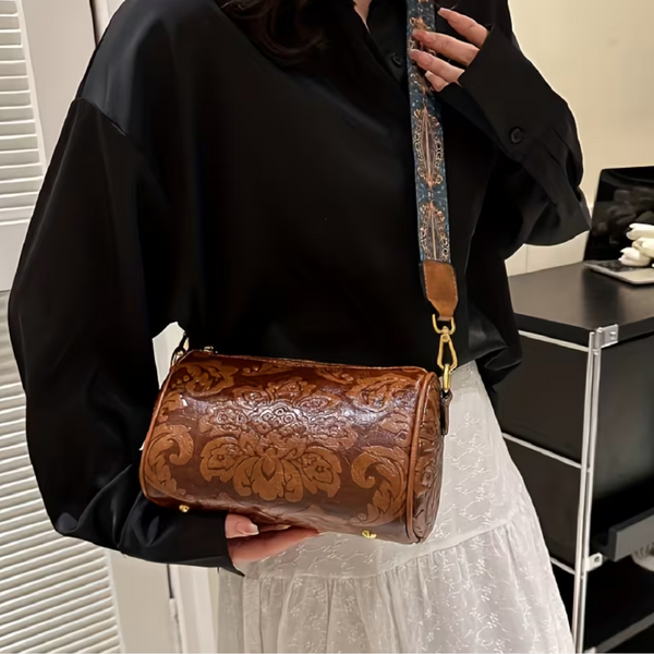 Brown Embossed Crossbody Barrel Bag With Wide Guitar Strap Women's Bags & Handbags