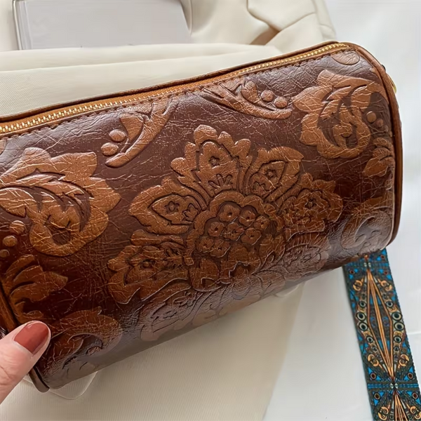 Brown Embossed Crossbody Barrel Bag With Wide Guitar Strap Women's Bags & Handbags