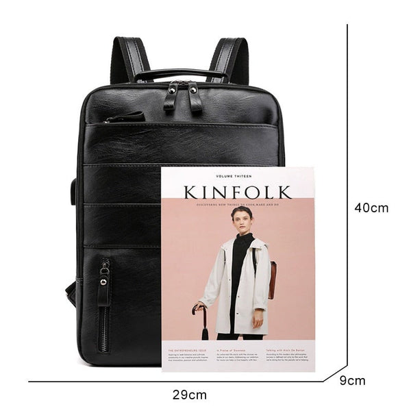 Business For Men Waterproof Pu Leather Laptop Bag Large Capacity Usb Charging Rucksack Male Fashion Bagpack Backpacks