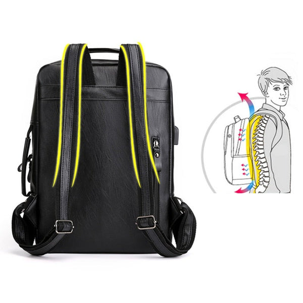 Business For Men Waterproof Pu Leather Laptop Bag Large Capacity Usb Charging Rucksack Male Fashion Bagpack Backpacks